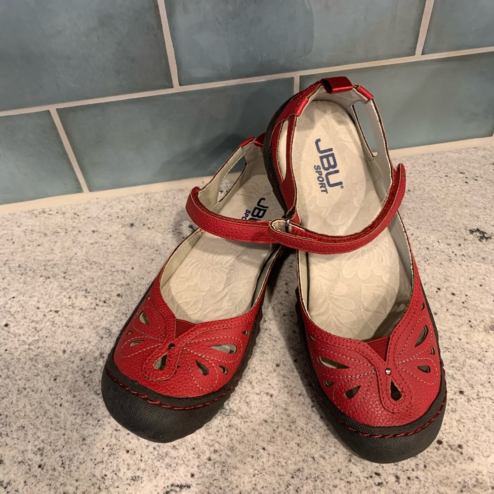Red JBU Mary Janes Sz 7.5 Memory Foam Velcro strap NWT